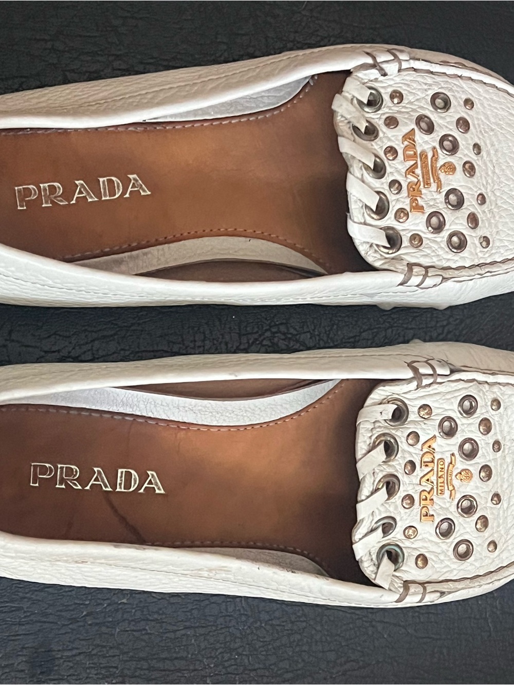 Prada White Leather Studded Driving Moccasins